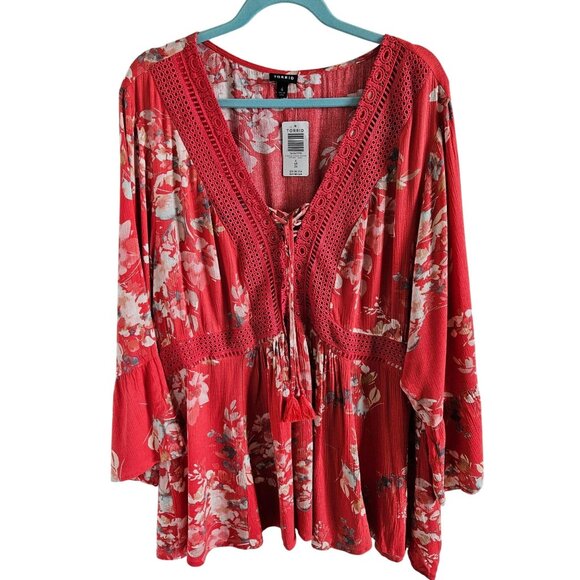 Torrid Woman Size 4 (4X) Peasant Blouse NWT Floral Crochet Trim  Layered Tunic - Picture 1 of 9